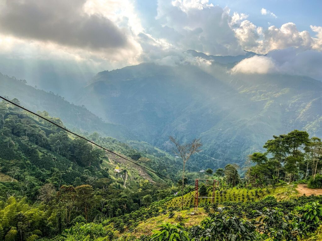 colombia, mountains, trees, sky, clouds, nature, sunbeams, landscape