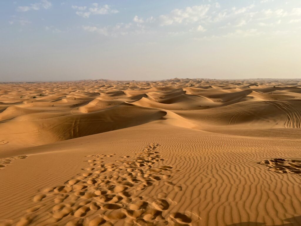 Explore the mesmerizing sand dunes of Dubai's desert captured at sunrise, perfect for travel and nature enthusiasts.