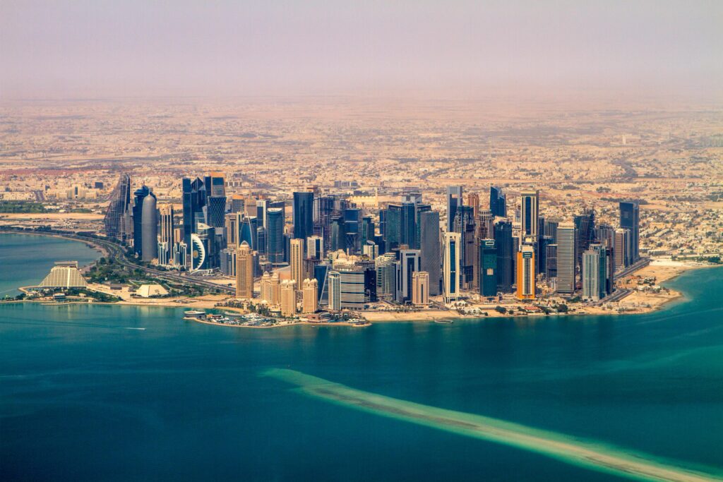 Stunning aerial view of Doha's modern skyline and waterfront, Qatar.