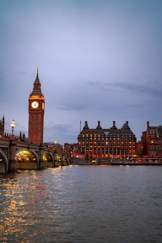 Scenic twilight view of Big Ben and Westminster Bridge in London, England.