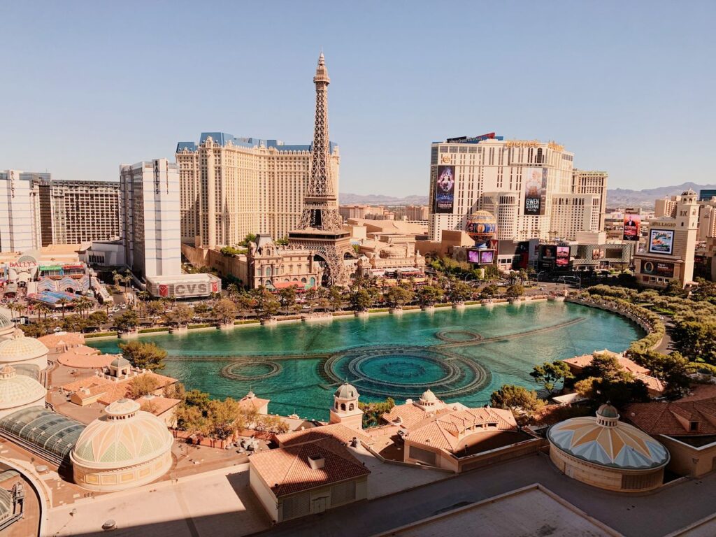 Breathtaking view of Las Vegas Strip with replica Eiffel Tower and vibrant cityscape.