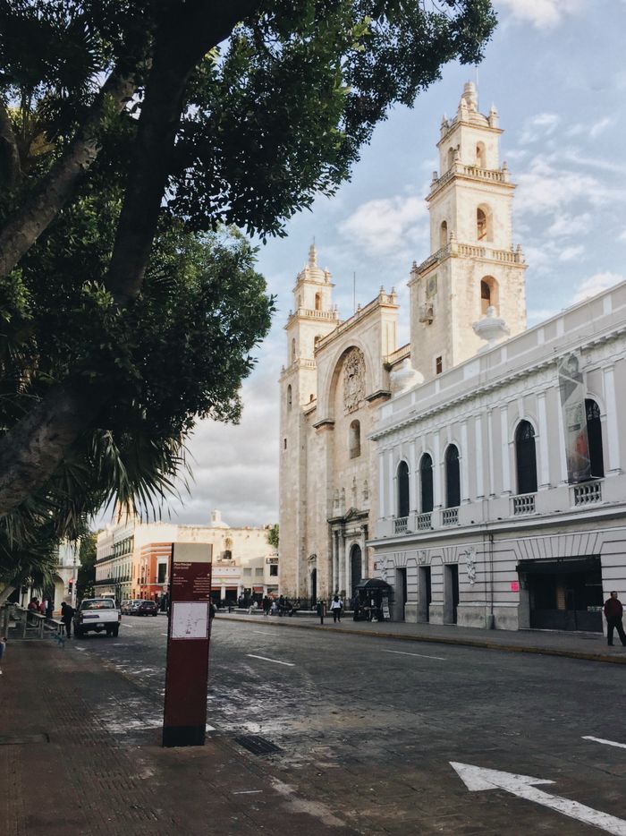 View of Catedral de Mérida with adjacent buildings and street in Yucatan, Mexico.